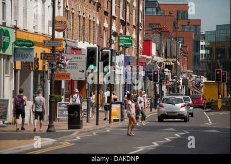 Street scene in Wimbledon Town Centre with row of shops Stock Photo