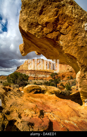 The 6,120-foot Capitol Dome rock formation towers over Grand Wash Road in Capitol Reef National Park in south central Utah. Stock Photo