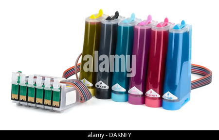 Cartridges and containers of continuous ink supply system isolated on white Stock Photo