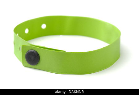 Green plastic ID wristband for hotel or hospital isolated on white Stock Photo
