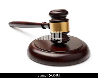 Wooden gavel and sound block isolated on white Stock Photo