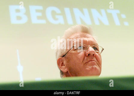 The designated prime minister of the state of Baden-Wuerttemberg, Winfried Kretschmann of the Green Party, attends the extraordinary meeting of the state party fraction at the state parliament in Stuttgart, Germany, 7 May 2011. About six weeks after the vote in Baden-Wuerttemberg, the Social Democrats and the Green Party hold seperate party meetings to discuss their coalition. Abou Stock Photo