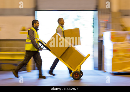 Workers carting boxes in warehouse Stock Photo