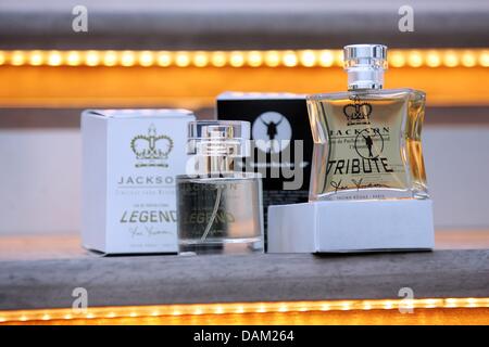 Perfume bottles of a man's fragrance called 'Jacksons' Tribute' and a woman's fragrance called 'Jackson's Legend' by Michael Jackson's father, Joe Jackson, are presented in Cannes, France, 17 May 2011. Photo: Abj Stock Photo