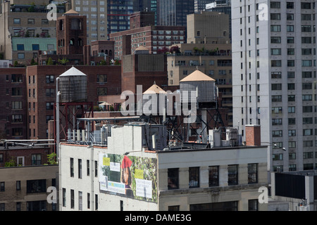 Roof top with water tanks in NYC, USA Stock Photo