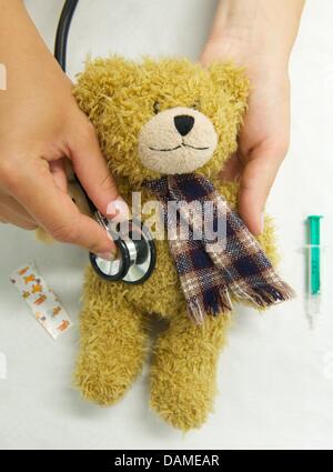 A student of medicine examines the health condition of a stuffed animal in Halle(Saale, Germany, 6 June 2011. Students of the university hospital have for the sixth time now opened a teddybear hospital. In the next five days, children can come with their stuffed animals to mend open seams, broken arms and missing eyes. The project wants to make children less scared of the doctor. P Stock Photo