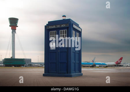 London, UK. 16th July 2013. HANDOUT IMAGE: Pictures courtesy of Heathrow airport. The Tardis photobooth from the BBC tv series Dr Who Who lands at heathrow airport as BBC Worldwide has teamed up with Heathrow to celebrate the longest running TV sci-fi series in the world, Doctor Who. Credit:  amer ghazzal/Alamy Live News Stock Photo