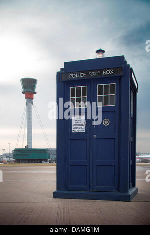 London, UK. 16th July 2013. HANDOUT IMAGE: Pictures  Courtesy of Heathrow airport. The Tardis photobooth from the BBC tv series Dr Who Who lands at heathrow airport as BBC Worldwide has teamed up with Heathrow to celebrate the longest running TV sci-fi series in the world, Doctor Who. Credit:  amer ghazzal/Alamy Live News Stock Photo