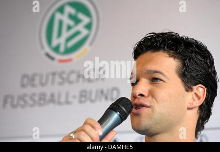 (dpa file) - A file picture dated 10 October 2008 of Michael Ballack at a press conference in Duesseldorf, Germany. According to the German Football Association (DFB), Michael Ballack will not be part of the German national team anymore. After talks with Ballack, national coach Joachim Loew plans without the long-time leader of the national team. But the 34-year-old Ballack is to h Stock Photo