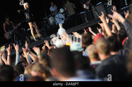 The band 'The Sounds' with front singer Maja Ivarsson performs on stage at the Hurrican Festival in Scheessel, Germany, 18 June 2011. About 80 band are going to perform during the three-day festival which will be visited by 73 000 fans. Photo: Julian Stratenschulte Stock Photo