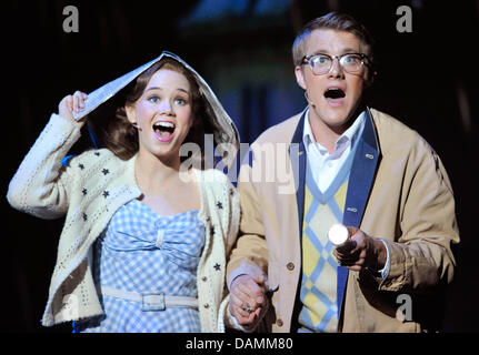 Jon Hawkins as Brad and Daisy Wood-Davis as Janet stand on stage during a dress rehearsal for the 'Rocky Horror Show' in Cologne, Germany, 22 June 2011. The musical will premiere on 22 June 2011 and stays in Cologne until 10 July 2011. Photo: Henning Kaiser Stock Photo