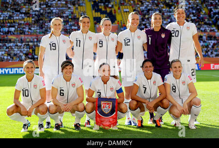 The starting line-up of USA (back L-R) Rachel Buehler , Ali Krieger , Heather O'Reilly , Lauren Cheney , Hope Solo , Abby Wambach  ; (front L-R) Carli Lloyd , Amy LePeilbet , Christie Rampone , Shannon Boxx , Amy Rodriguez  prior to the Group C match USA against North Korea of FIFA Women's World Cup soccer tournament at the Rudolf Harbig Stadium in Dresden, Germany, 28 June 2011. F Stock Photo