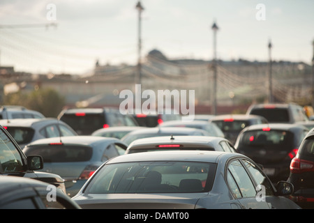 cars in traffic jam in a city during rush hour Stock Photo