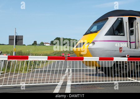 Level crossing and train. Northumberland, England Stock Photo