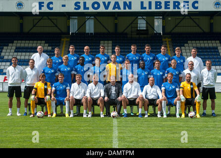 FC Mlada Boleslav, Czech soccer league season 2013/2014. Upper row left to right: Michal Konecny(physiotherapist), Vojtech Hadascok, David Pavelka, Milos Karisik, Lubos Husek, Jiri Fleisman, Jiri Pimpara, Renato Kelic, Ondrej Kusnir, Vladislav Kalitvincev, Pavel Buchvald (doctor), middle row left to right: Jan Seifert (videotechnician), Petr Ulihrach (custod), Martin Frydek, Lukas Pokorny, Isaac Sackey, Lukas Szabo, Lukas Hrosso, Vladimir Coufal, Dzon Delarge, Sergej Rybalka, Michal Janec, Josef Zalabak (fitness coach), Vaclav Brendl (masseur), First row left to right: Zbynek Hauzr, Michael R Stock Photo