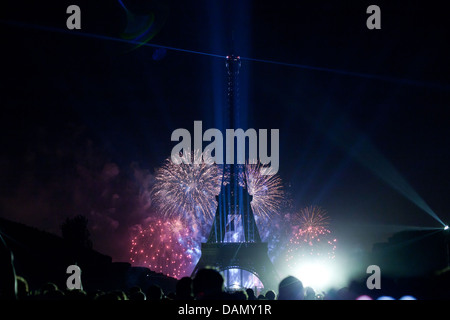 Fireworks and the Eiffel tower on the National Day of France in Paris France, July 14, 2013 Stock Photo