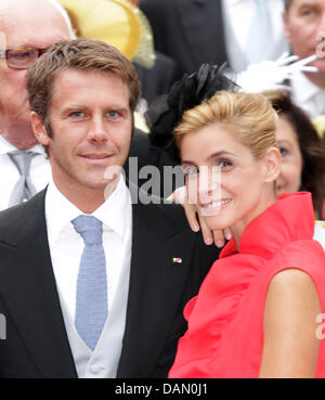 Prince Emanuele Filiberto of Venice and Piedmont and French actress Clotilde Courau, Princess of Venice and Piedmont, leave after the religious wedding of Prince Albert II and Princess Charlene in the Prince's Palace in Monaco, 02 July 2011. The ceremony took place in the Main Courtyard of the Prince's Palace. Photo: Albert Nieboer Stock Photo