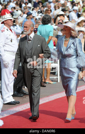 Prince Michael of Kent and Princess Christine arrive for the religious wedding of Prince Albert II and Princess Charlene at the Palace Square of the Prince's Palace in Monaco, 02 July 2011. Some 3500 guests are expected to follow the ceremony in the Main Courtyard of the Palace. Photo: Jochen Lübke dpa Stock Photo