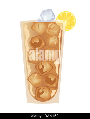 an illustration of a cool glass of iced tea stacked full of ice cubes with a lemon slice isolated on a white background Stock Photo