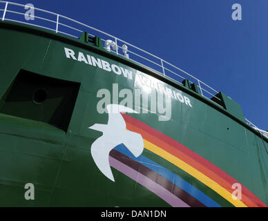 The new Greenpeace ship 'Rainbow Warrior III' is docked at the Fassmer Wharf in Berne, Germany, 01 July 2011. On 04 July 2011, the ship is to launch. In October 2011, its construction is said to be finished. Photo: Caroline Seidel Stock Photo