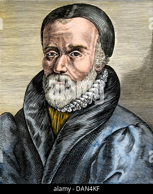 William Tyndale, English translator of the New Testament. Hand-colored woodcut Stock Photo