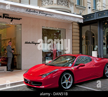 Salvatore Ferragamo  Fashion shop next to Hotel de Paris opposite of Grand Casino Monte Carlo Principality of Monaco Ferrari Stock Photo