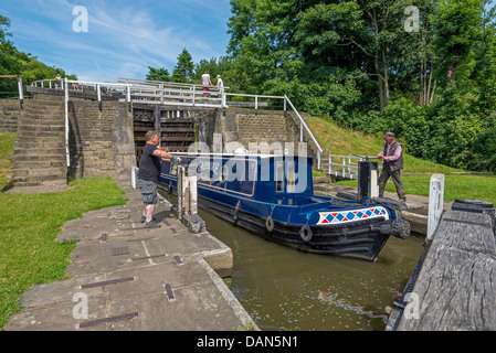 Five Steps locks known as the Bingley Staircase at Bingley in North Yorkshire England on the Leeds Liverpool canal. Stock Photo