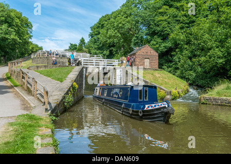 Five Steps locks known as the Bingley Staircase at Bingley in North Yorkshire England on the Leeds Liverpool canal. Stock Photo