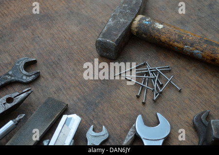 Various tools on wooden background Stock Photo