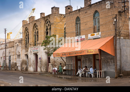 Africa, Eritrea, Massawa, local customers outside Beilul bar and restaurant next to Hotel Tewelde Stock Photo