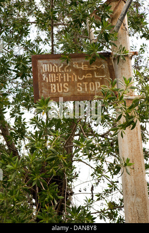 Africa, Eritrea, Massawa, Tualud Island, transport, English Language, Eritrean and Arabic bus stop sign Stock Photo