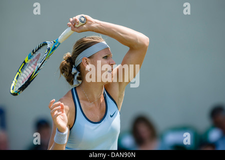 Lucie Safarova of Czech Republic in action playing single handed backhand shot Stock Photo
