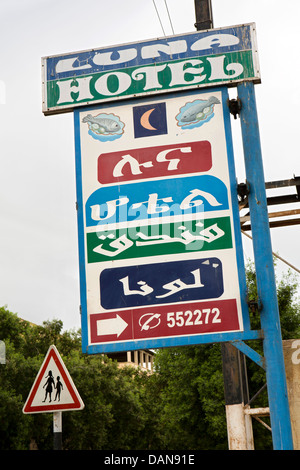 Africa, Eritrea, Massawa, Tualud Island, transport, Eritrean and Arabic Language Luna Hotel sign Stock Photo