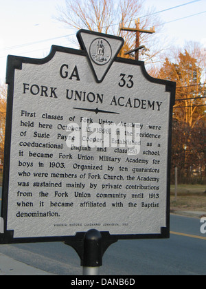 FORK UNION ACADEMY First classes of Fork Union Academy were held here October 15, 1898, in the residence of Susie Payne Cooper. Established as a coeducational English and classical school, it became Fork Union Military Academy for boys in 1903. Organized by ten guarantors who were members of Fork Church, the Academy was sustained mainly by private contributions from the Fork Union community until 1913 when it became affiliated with the Baptist denomination. Virginia Historic Landmarks Commission, 1983 Stock Photo