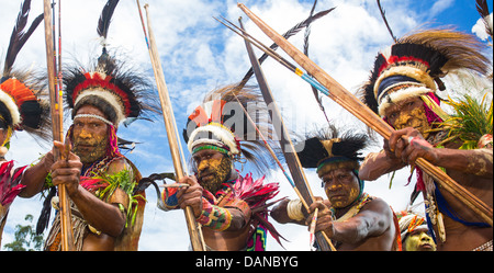 Looking up at a group of tribal warriors with drawn bow and arrows, Papua New Guinea Stock Photo