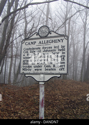 CAMP ALLEGHENY Confederate forces led by Col. Edward Johnson held a fortified camp here in winter of 1861-62. Sharp attack occurred, Dec. 13, 1861, in which the Union troops under Gen. Robert Milroy were beaten off. West Virginia Historic Commission, 1963. Stock Photo