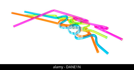 A small pile of drinking straws that have been bent in shapes on a white background. Stock Photo