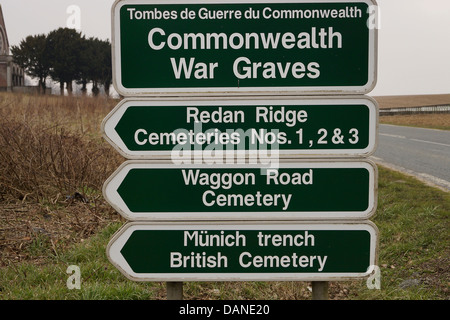 Signpost to Commonwealth War Graves including the high ground of Redan Ridge that was attacked on July 1st 1916. Stock Photo