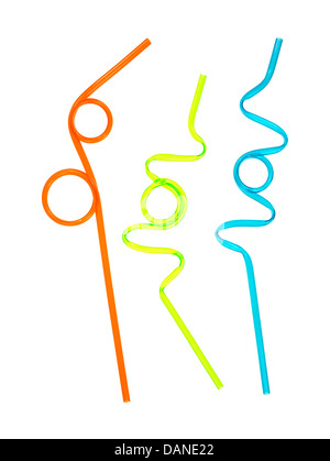 Three drinking straws that have been bent in odd shapes on a white background. Stock Photo