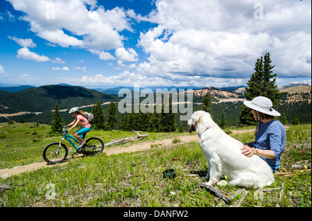Lone woman & Platinum Golden Retriever dog watch a female mountain biker on the Monarch Crest Trail, Central Colorado, USA Stock Photo