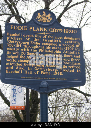 EDDIE PLANK (1875-1926) Baseball great. One of the most dominant pitchers of the twentieth century. 'Gettysburg Eddie' compiled a record of 326-194 throughout his career (1901-17), mostly with the Philadelphia Athletics. He won 20 games or more eight times and helped the A's win six pennants and three world championships. Plank was born here, attended Gettysburg Academy. He retired and died in Gettysburg. Elected to Baseball Hall of Fame, 1946. Pennsylvania Historical and Museum Commission, 2000 Stock Photo