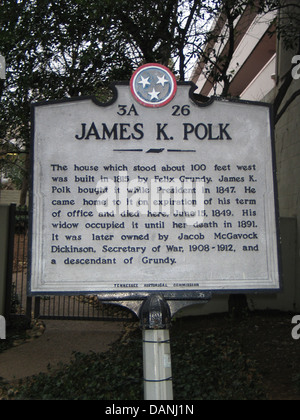 JAMES K. POLK The house which stood about 100 feet west was built in 1815 by Felix Grundy. James K. Polk bought it while President in 1847. He came home to it on expiration of his term of office and died here, June 15, 1849. His widow occupied it until her death in 1891. It was later owned by Jacob McGavock Dickinson, Secretary of War, 1908-1912, and a descendant of Grundy. Tennessee Historical Commission Stock Photo