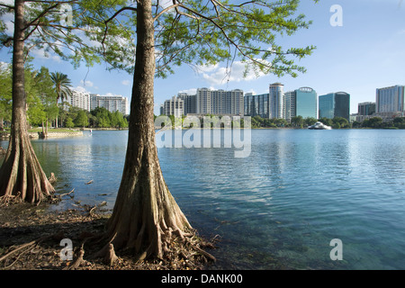 DOWNTOWN SKYLINE LAKE EOLA PARK ORLANDO FLORIDA USA Stock Photo