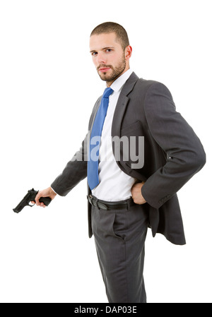 young businessman with a gun, isolated on white Stock Photo