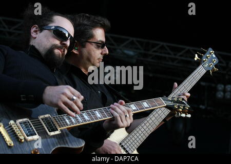 Bassist Nadim Abou-Chacra and guitarrist Nadim Sioufi of the Libanese rock band The Kordz perform in Dresden, Germany, 23 July 2011. Photo: Lutz Mueller-Bohlen Stock Photo