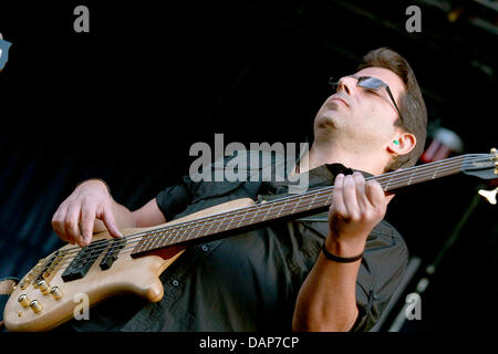 Bassist Nadim Abou-Chacra of the Libanese rock band The Kordz performs in Dresden, Germany, 23 July 2011. Photo: Lutz Mueller-Bohlen Stock Photo