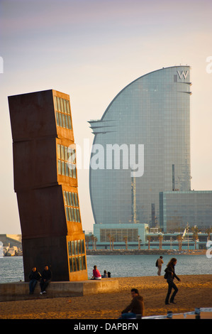 Sculpture 'The Wounded Star' by Rebeca Horn and Hotel W, known as Hotel Vela by Ricard Bofill, 2010. Port Vell, Barcelona.Spain Stock Photo