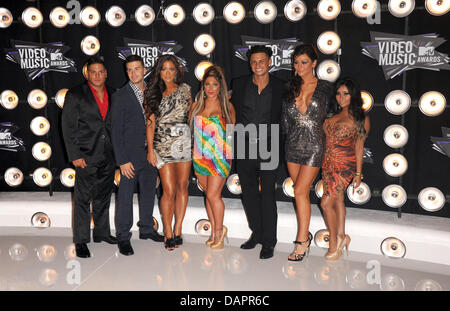 US TV Personalities Ronnie Ortiz-Magro (l-r), Vinny Guadagnino, Sammi 'Sweetheart' Giancola, Deena Nicole Cortese, DJ Pauly D, Jenny 'JWoww' Farley, and Nicole 'Snooki' Polizzi of 'Jersey Shore' arrive at the 28th Annual MTV Video Music Awards at Nokia Theatre L.A. Live in Los Angeles, USA, on 28. August, 2011. Photo: Hubert Boesl Stock Photo
