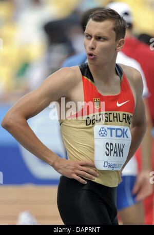 Raul Spank of Germany reacts in the Men's High Jump Qualification at the 13th IAAF World Championships in Athletics, in Daegu, Republic of Korea, 30 August 2011. Photo: Rainer Jensen dpa Stock Photo