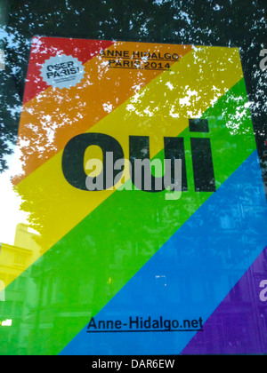 Paris, France, Detail, Poster, Window of French Socialist Party Candidate for Mayor Election, with Gay Rainbow Flag, in the Marais, Hidalgo Stock Photo